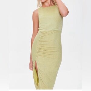 Forever 21 S Green Ruched Slit Midi Bodycon Dress Crew Neck Sleeveless